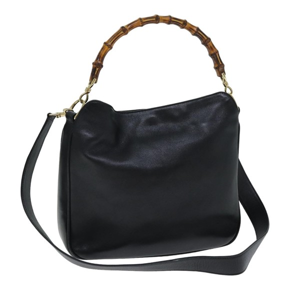 GUCCI Bamboo Hand Bag Leather 2way Black 001 1638 Auth 79644 - Picture 1 of 16